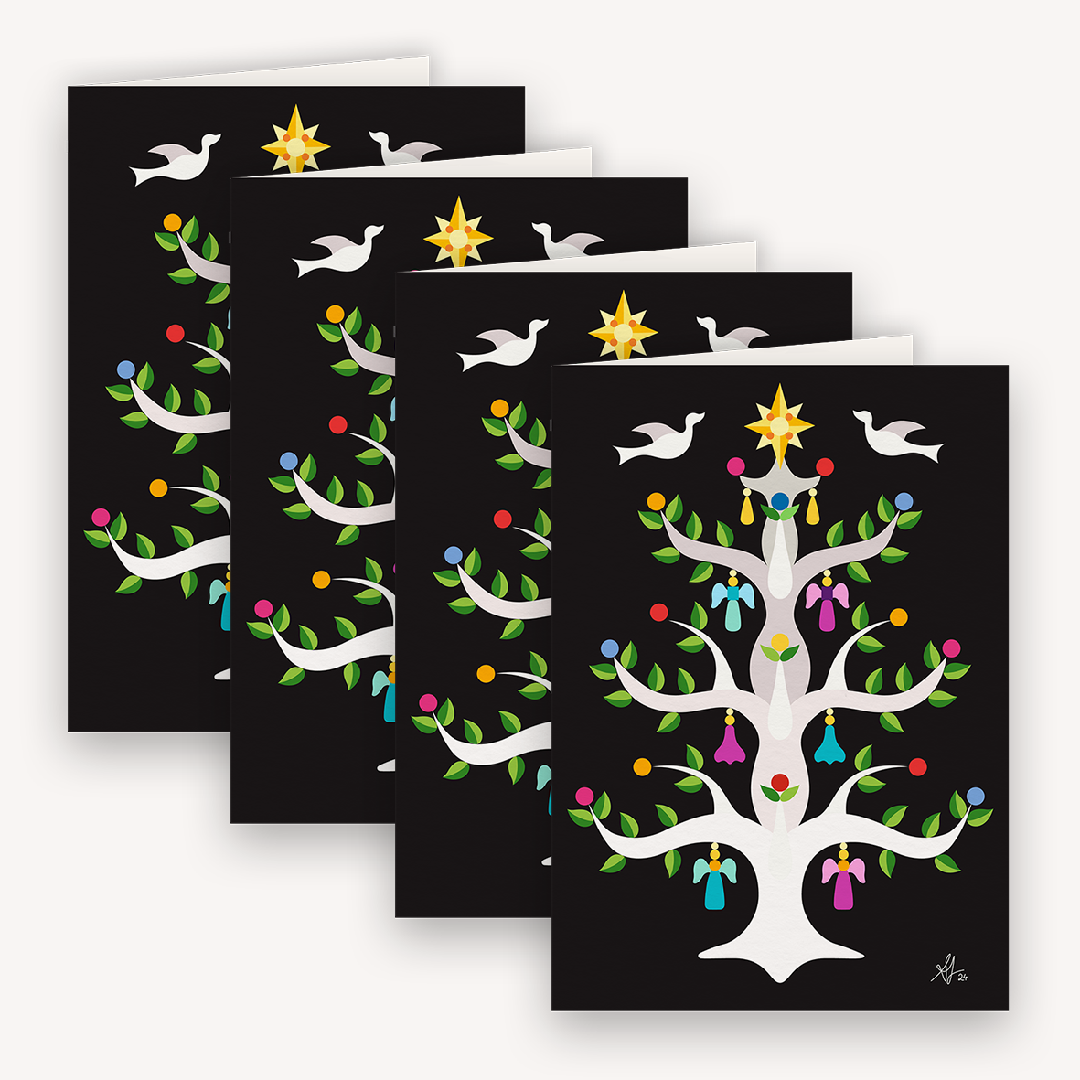 Four Christmas Cards, Festive Pointed Tree
